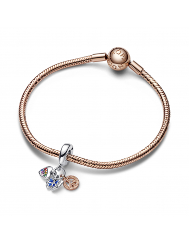 Pandora Charm pendente bicolore triplo Cuore Arcobaleno. Farfalla e Pace