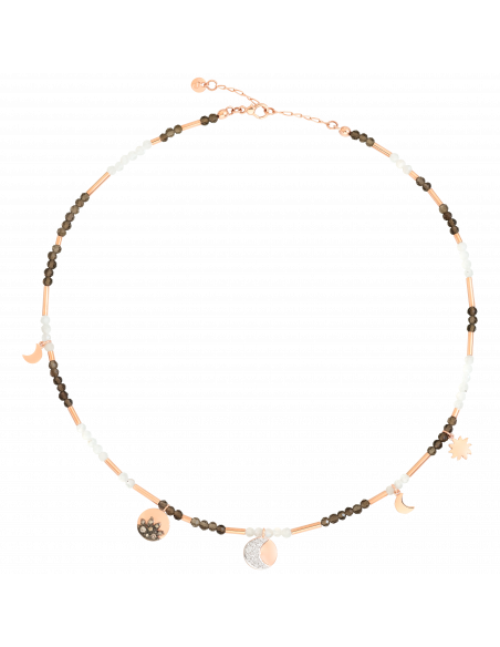 COLLANA DODO MOON AND SUN. ORO ROSA ADULARIA QUARZO FUME DIAMANTI BIANCHI DIAMANTI BROWN.
