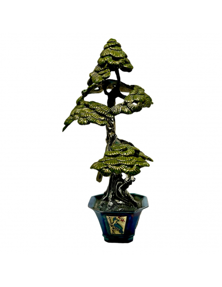 SOPRAMMOBILE IN ARGENTO E SMALTI. BONSAI PINO BIANCO GIAPPONESE